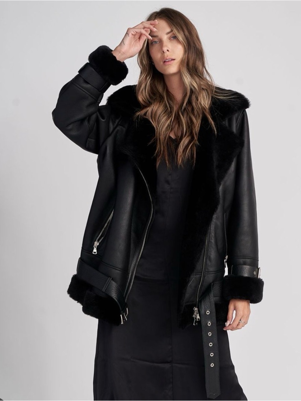 Black Faux Shearling Aviator Jacket - Women's